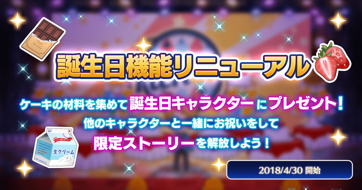 誕生日リニューアル ケーキの材料をあつめて誕生日キャラにプレゼント 他のキャラと一緒にお祝いして限定ストーリーも開放できる!